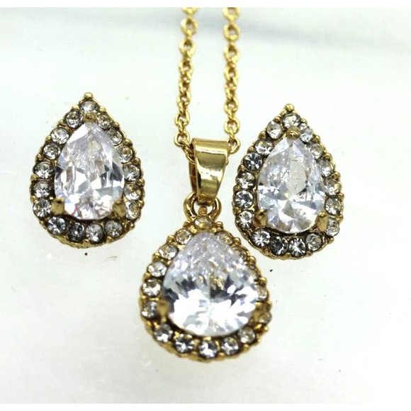 FINE GOLD PLATE Sparkle Allure CZ necklace & earrings, IOB, never worn - Picture 2 of 6